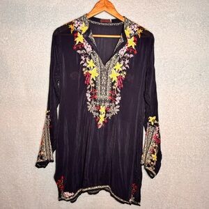 JOHNNY WAS Liliana Tunic Embroidered Boho Blouse Rayon Top Shirt Gray Small